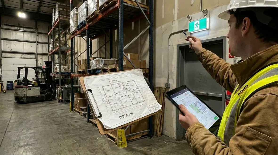 Audit of emergency lighting coverage and code compliance in a factory