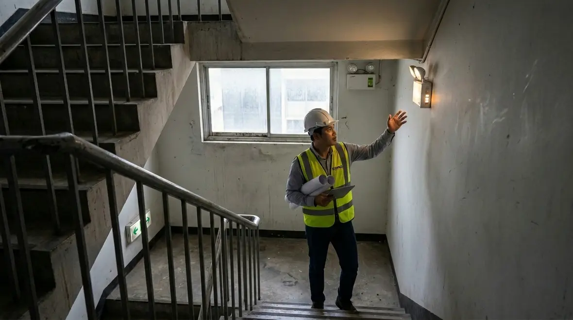 Emergency lighting and exit signage designed for safe egress in a commercial facility