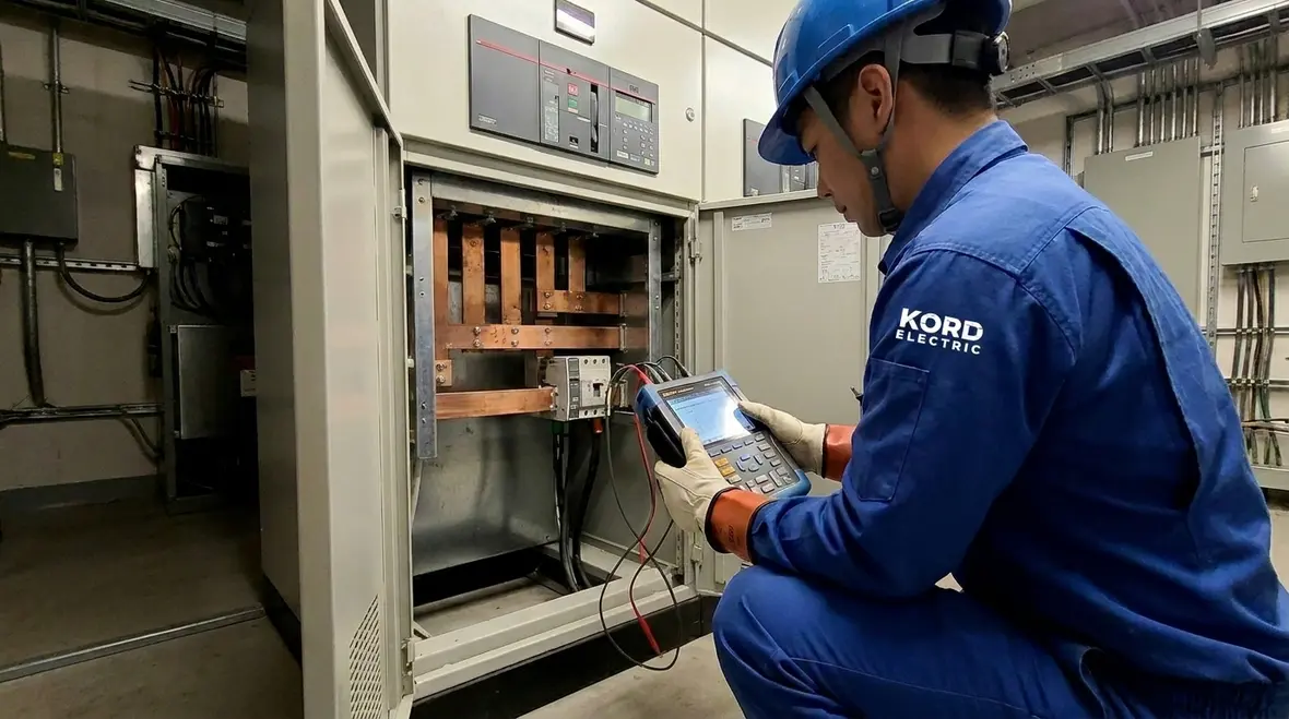 Technician performing a commercial electrical infrastructure audit in an office building