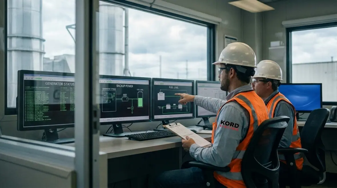 Technician inspecting industrial emergency power distribution equipment