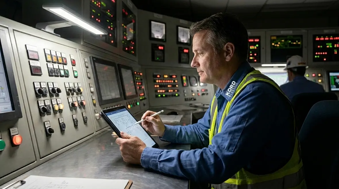 Technician reviewing an industrial circuit troubleshooting guide inside an electrical room
