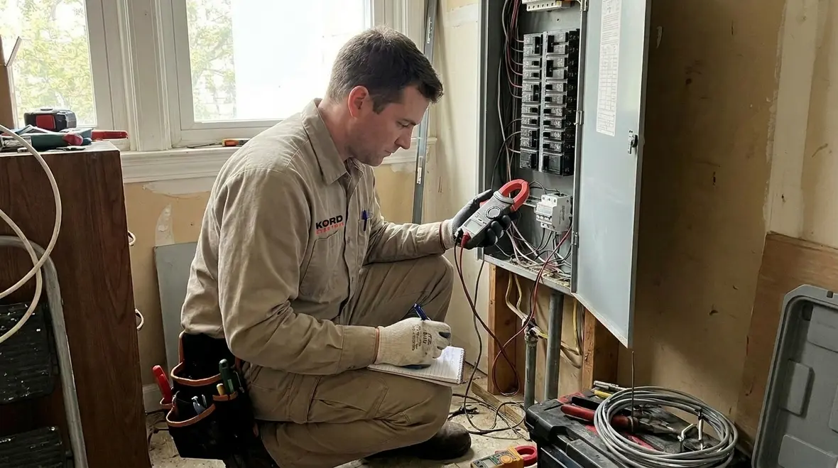 Technician documenting industrial circuit troubleshooting measurements and repairs