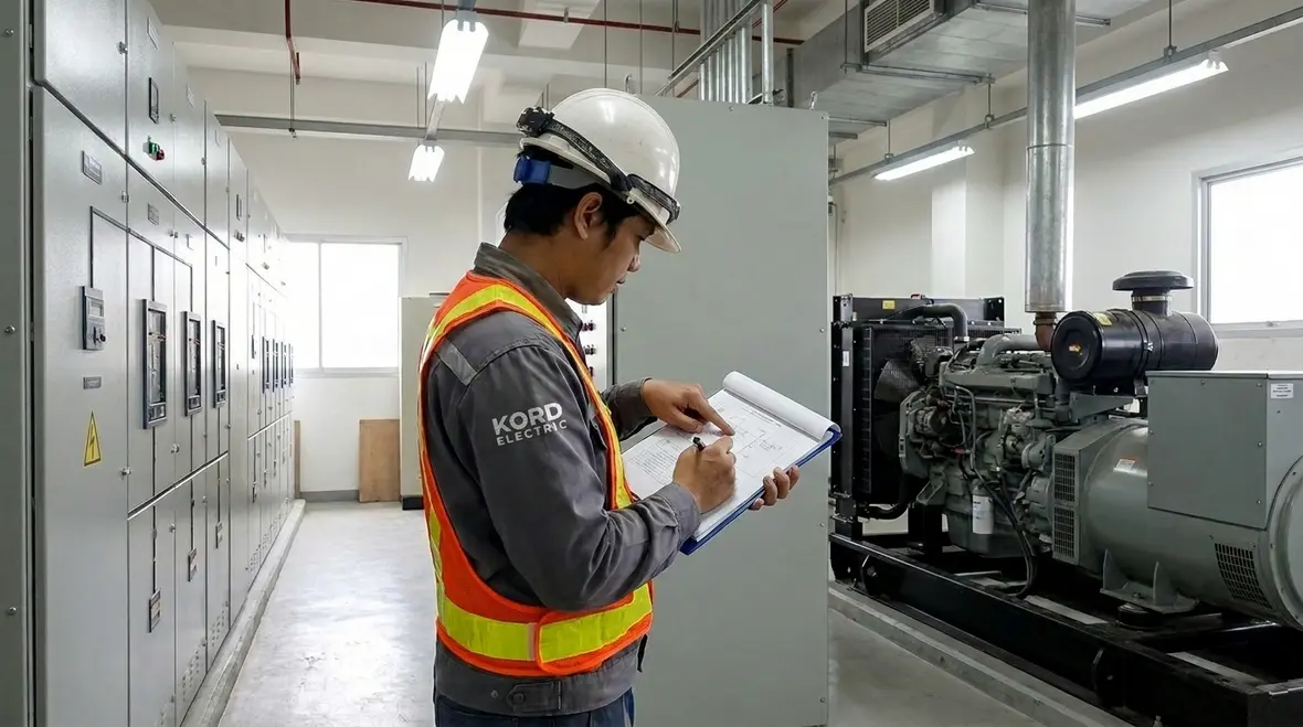 Technician verifying industrial control panel reliability for facility disaster recovery power planning