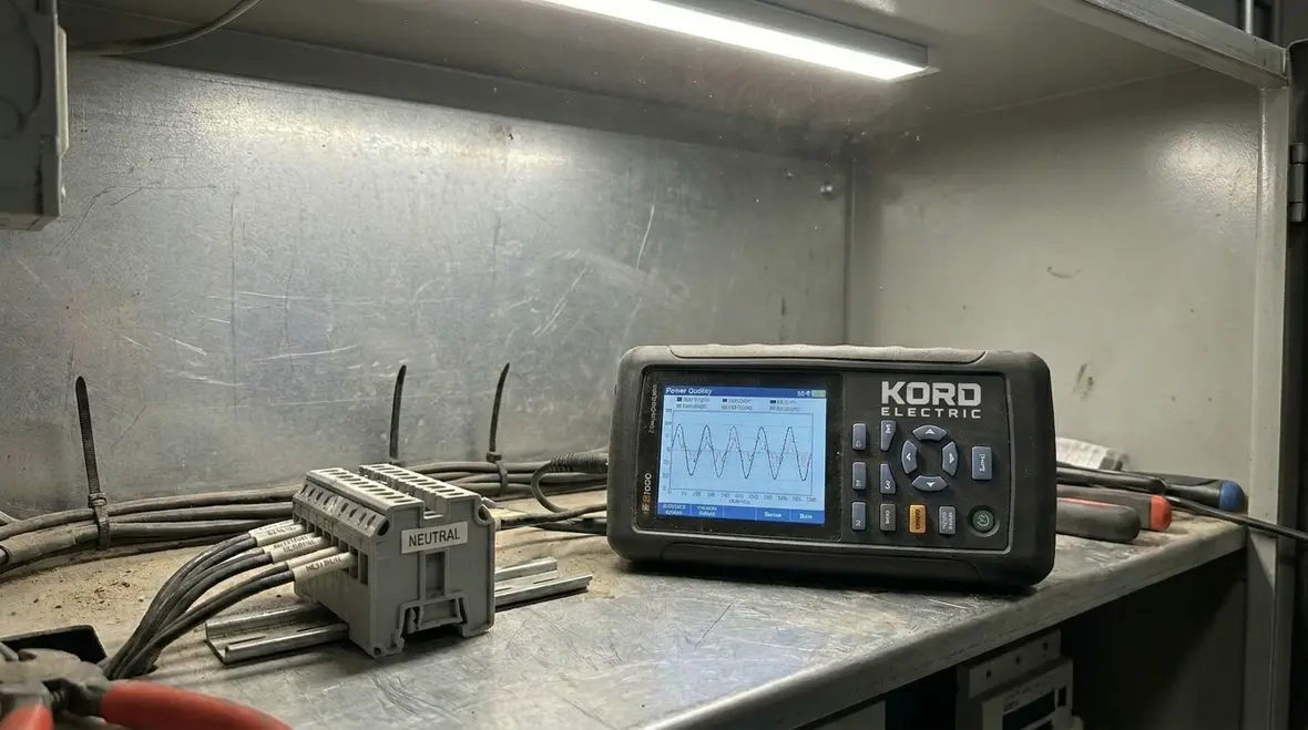 Technician reviewing industrial electrical load balancing data