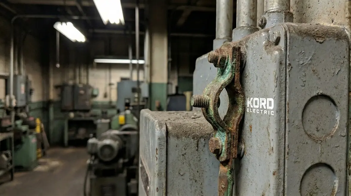 Industrial electrical room with grounded switchgear and labeled panels