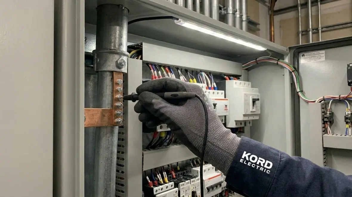 Close-up of bonded metal raceways and grounding conductors in an industrial facility