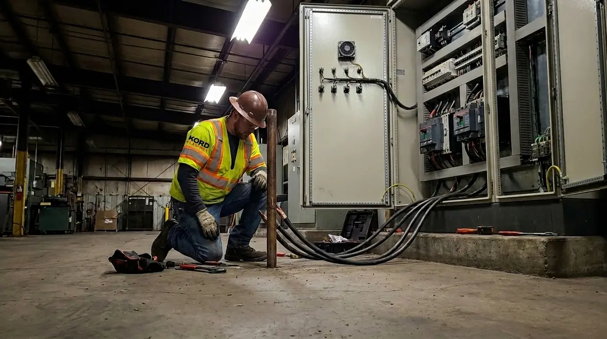 Industrial electrician inspecting grounding conductors inside a commercial electrical room