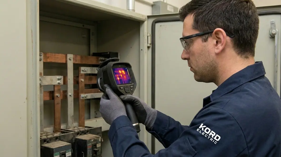 Technicians correcting unbalanced electrical loads in an industrial plant