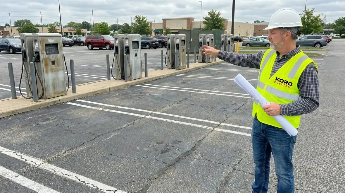 Technicians planning commercial EV charging infrastructure layout on a commercial site