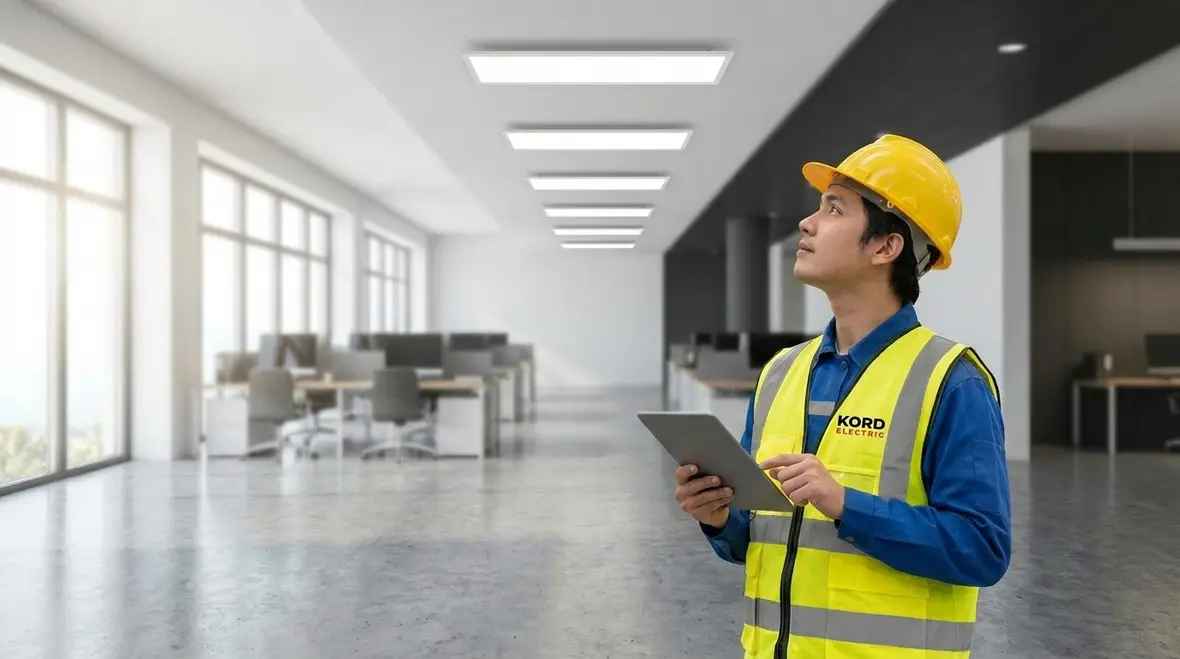 Technicians reviewing a commercial LED retrofit plan