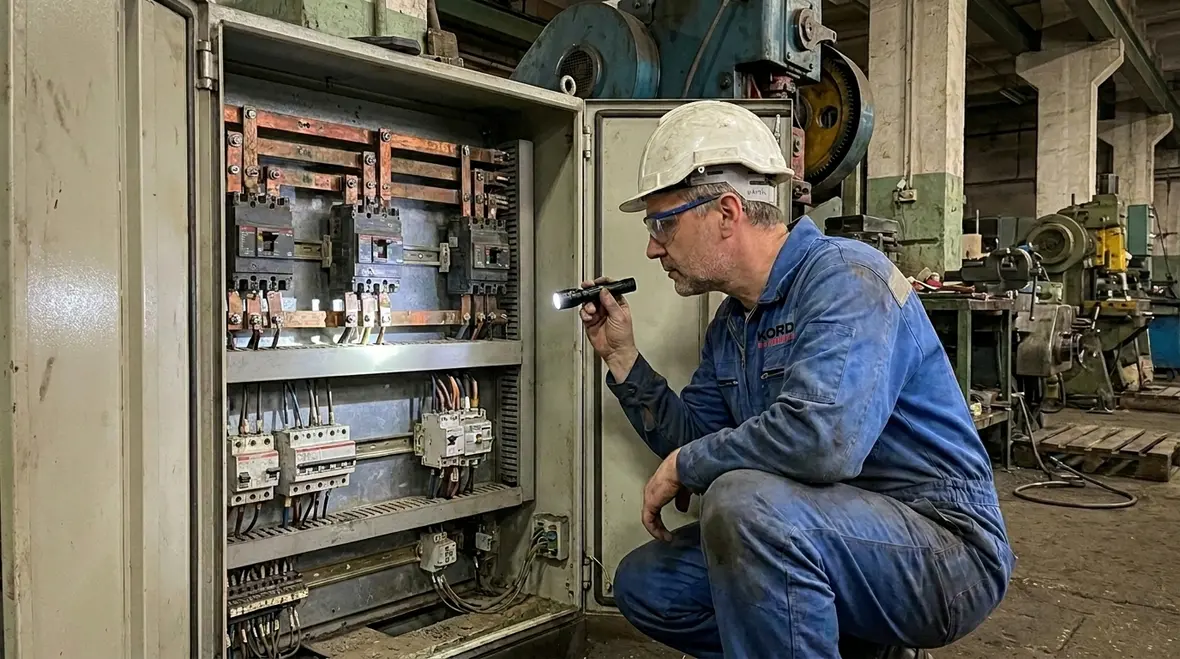 Technician testing and calibrating industrial electrical protection systems