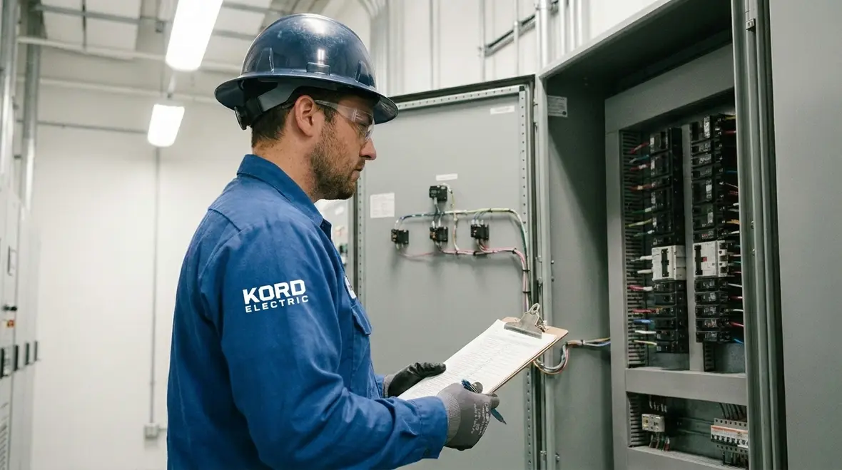Technician performing an industrial electrical preventive maintenance checklist inspection