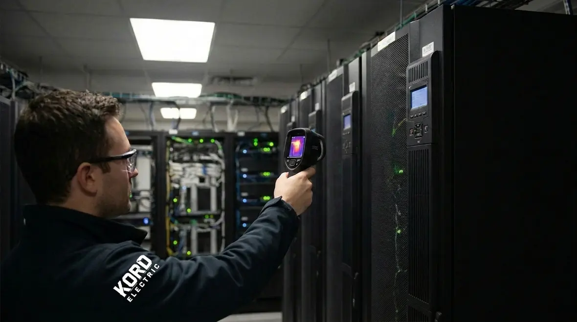 Industrial electrician inspecting data center power equipment