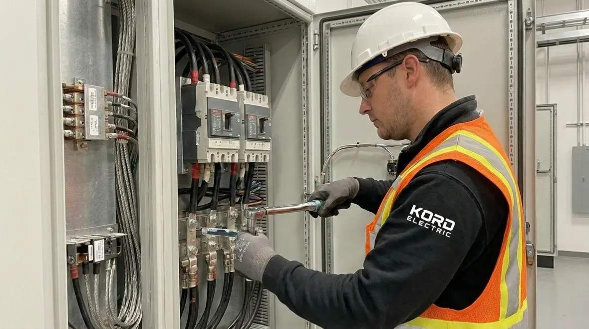 Close-up of industrial electrical terminations inspected for conductive risk