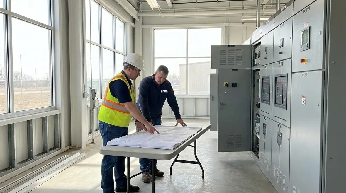 Technician performing an industrial electrical safety assessment in a commercial electrical room