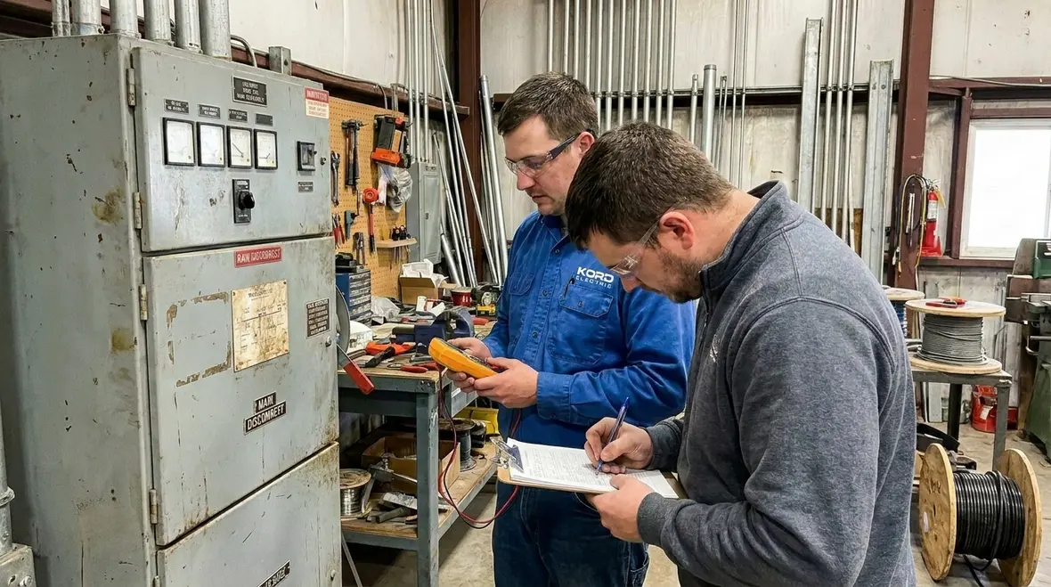 Technician performing industrial electrical tests on control panels