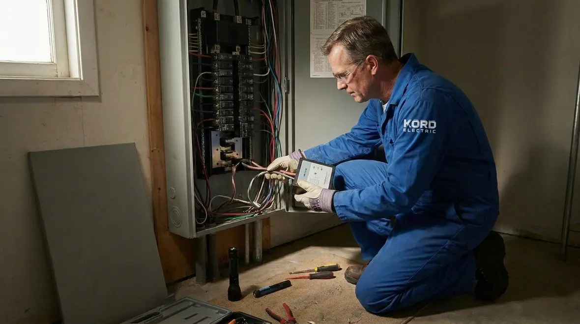 Technician diagnosing surge damage on industrial electrical equipment