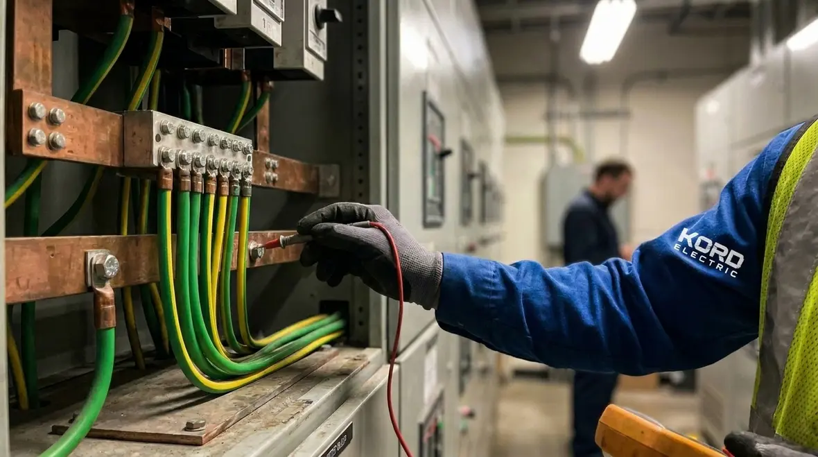 Industrial electrician inspecting grounding and surge protection wiring
