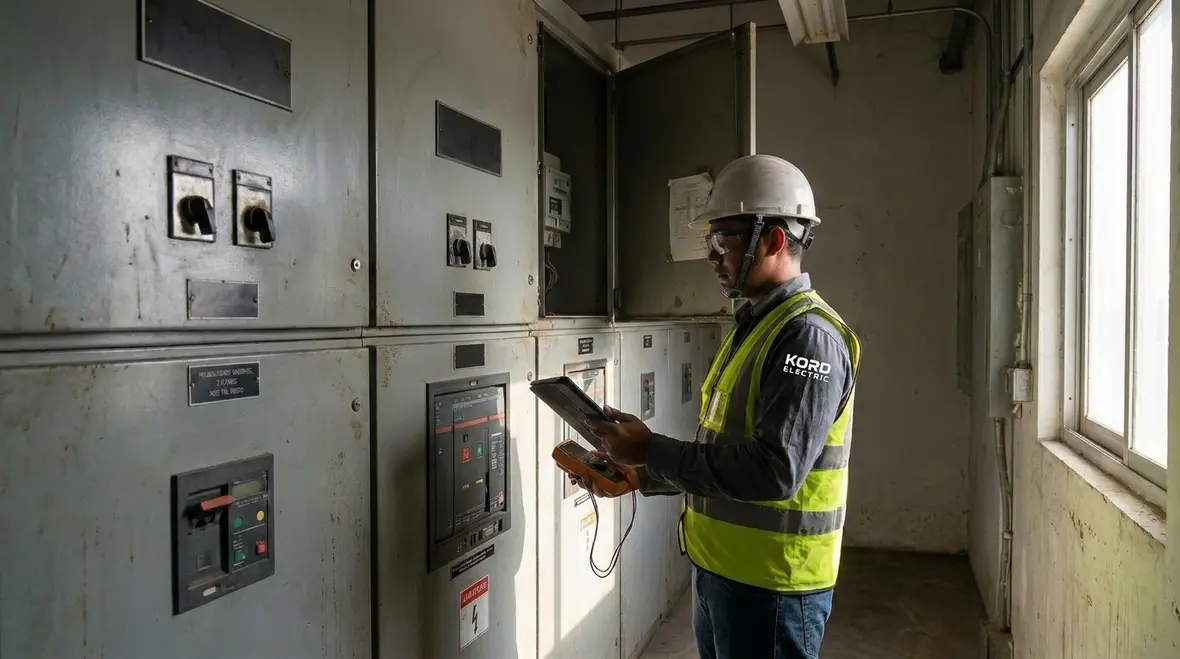 Technician performing an industrial electrical system audit in a commercial facility