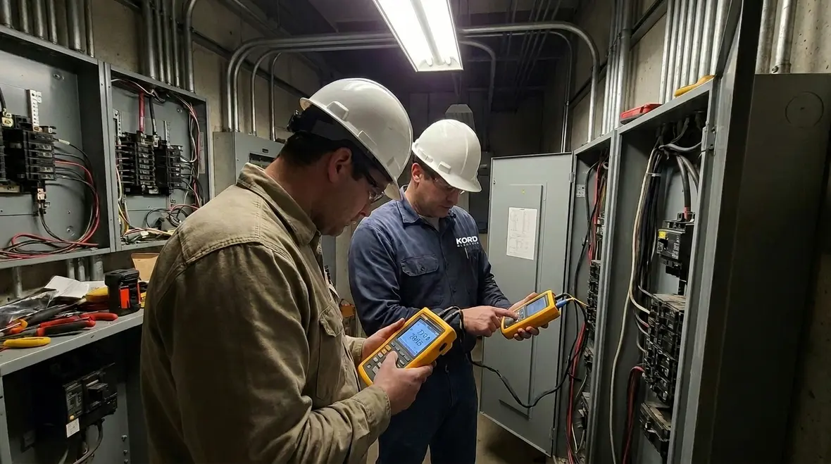 Technicians reviewing upgraded industrial electrical equipment during an audit