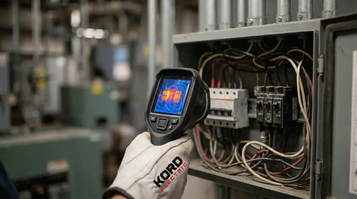 Technician performing an industrial electrical system safety audit in a commercial facility