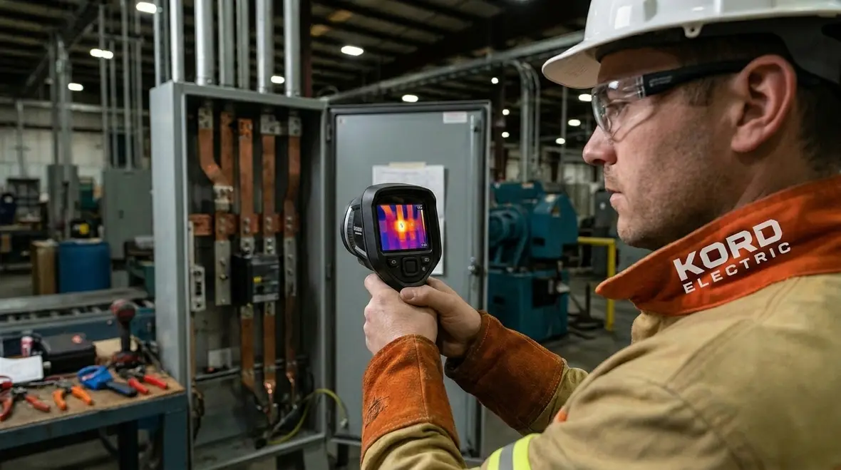 Technician performing industrial electrical system troubleshooting in a control panel
