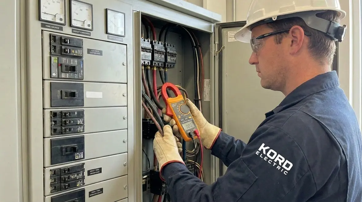Close up of industrial electrical panels, motors, and drives being diagnosed