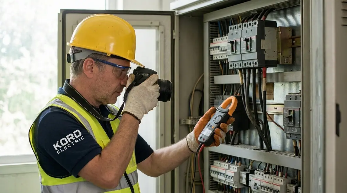 Industrial electrician beginning on-site industrial electrical system troubleshooting