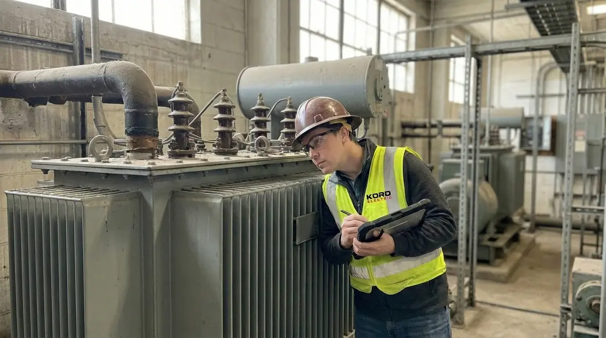 Technician performing industrial electrical troubleshooting in a facility