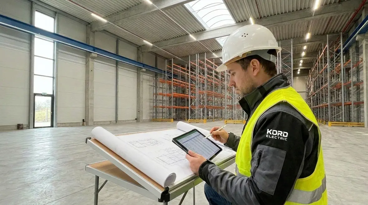 Mapped commercial lighting zones and lifecycle schedule for warehouse and office spaces