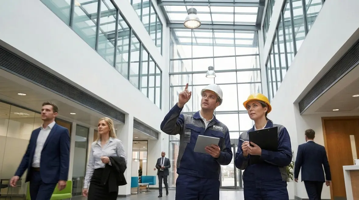 Technicians reviewing industrial commercial lighting lifecycle plan in a large facility