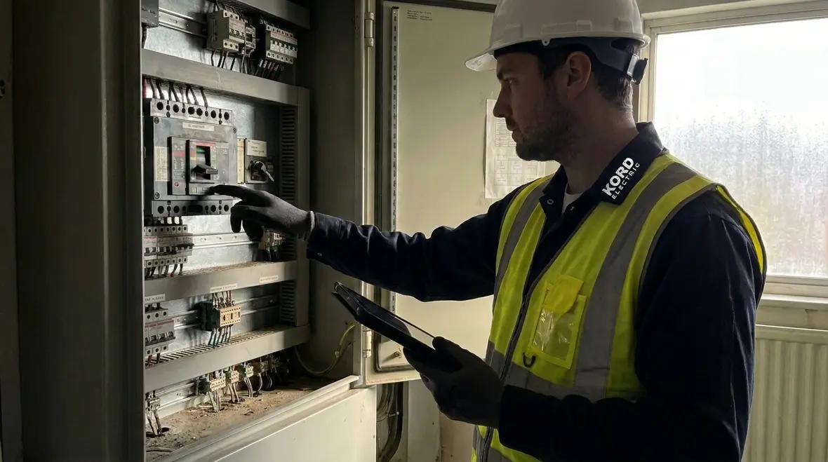 Technician performing a commercial wiring infrastructure assessment in an electrical room