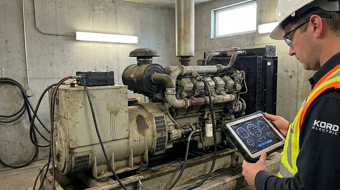 Technicians reviewing industrial load analysis and transfer design for backup power
