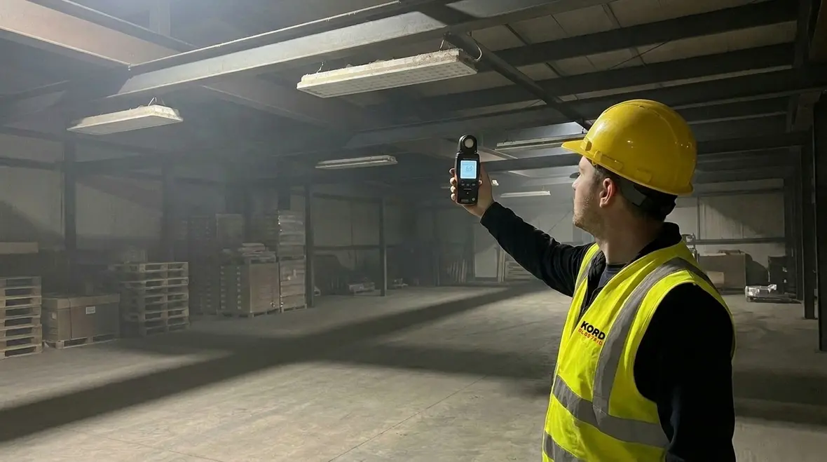 Technicians auditing existing warehouse lighting layout and fixtures