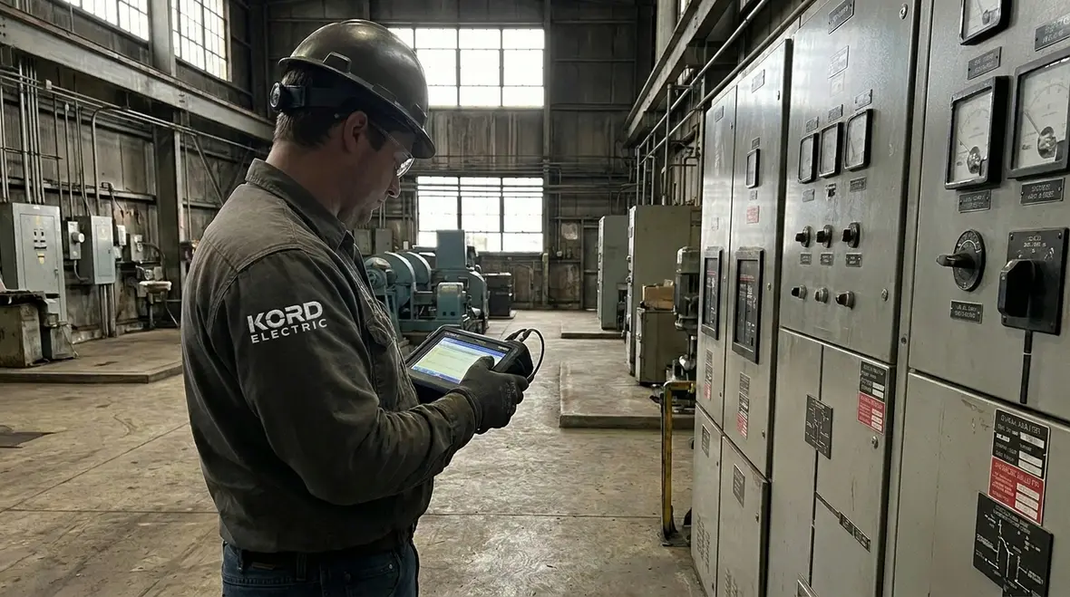 Technicians reviewing industrial facility power quality readings on site