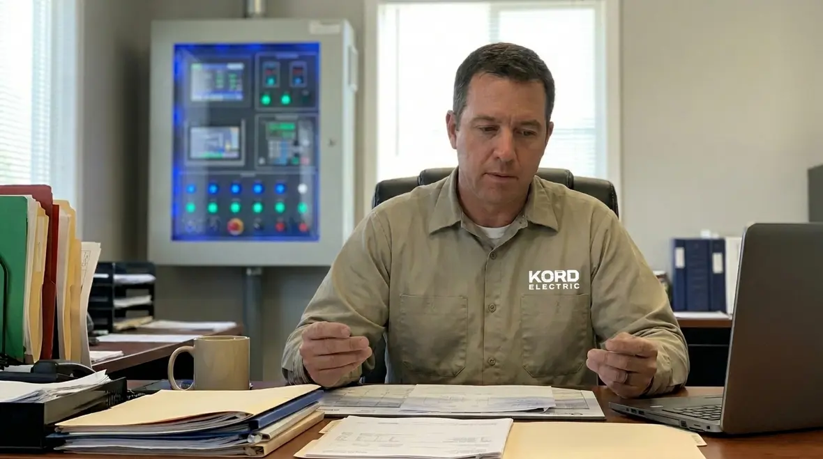 Technician performing preventive maintenance on industrial lighting automation sensors