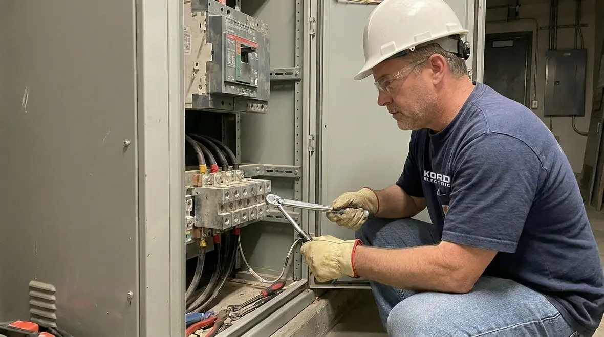 Technician performing commercial switchgear thermal inspection