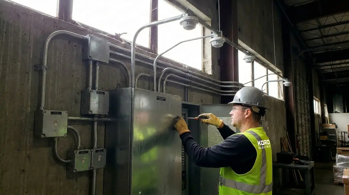 Technician configuring industrial lighting control integration in a commercial facility