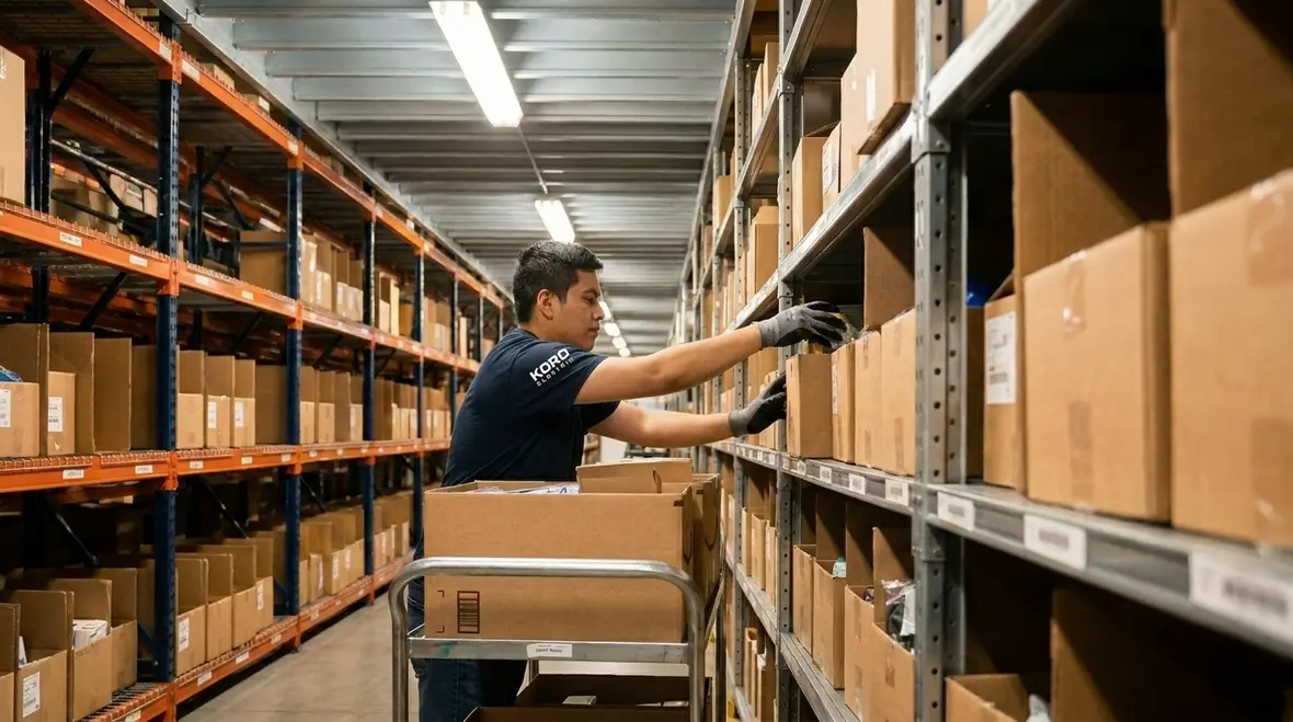Technician applying an industrial lighting controls efficiency guide in a warehouse