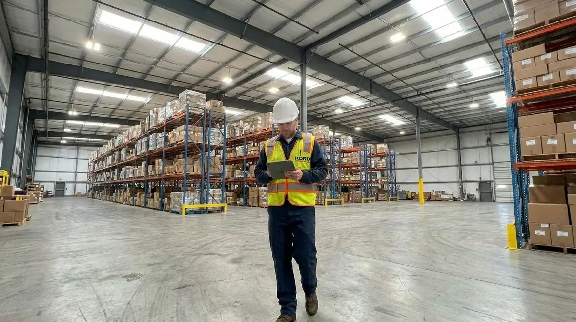 Warehouse with optimized industrial lighting controls improving efficiency