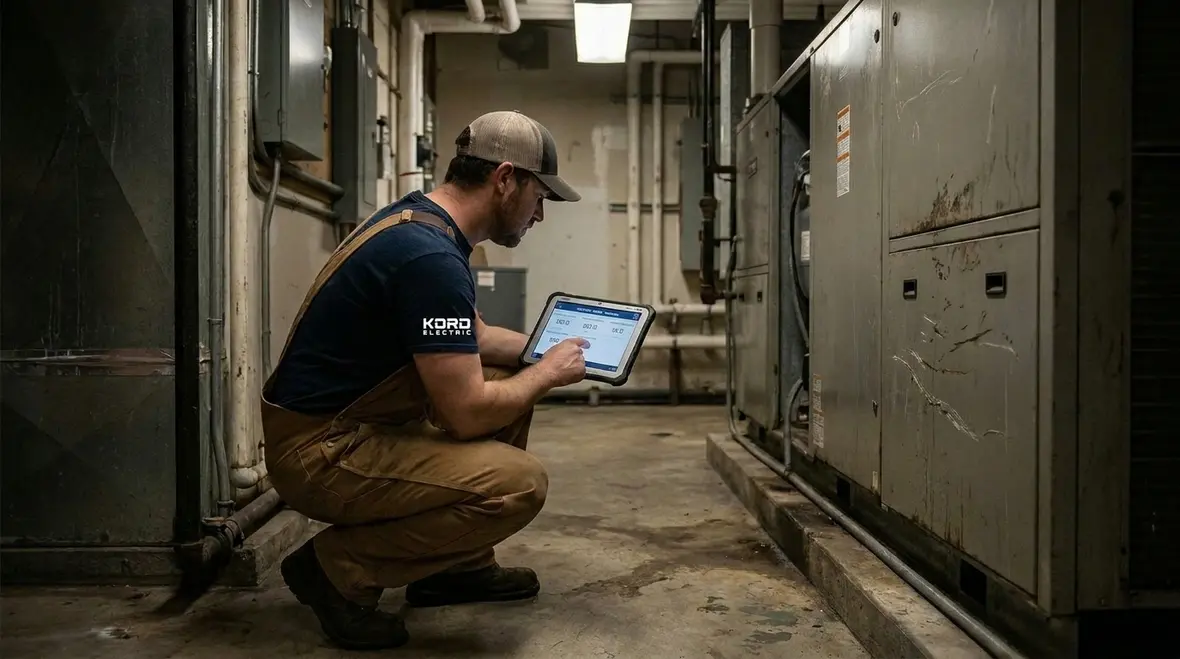 Technicians reviewing data from commercial building energy management systems