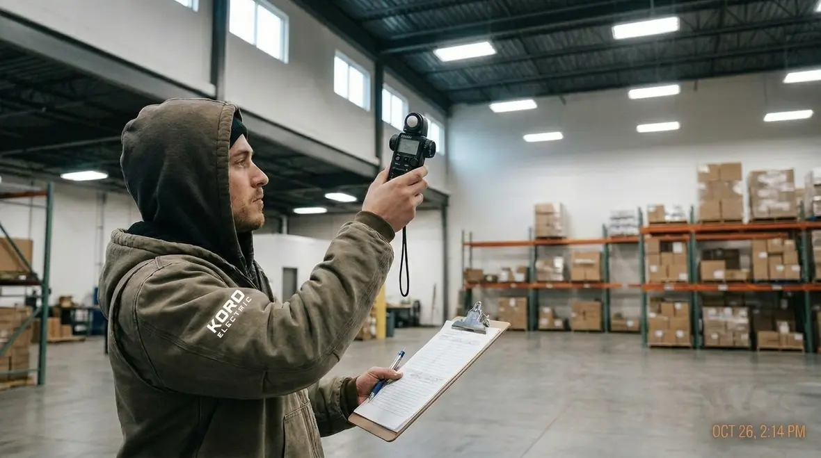 Technician performing an industrial lighting efficiency audit in a commercial facility