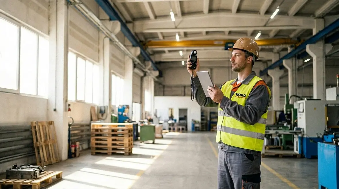 Industrial warehouse lighting system being inspected for efficiency and performance