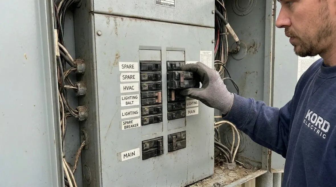Well organized commercial subpanel layout with labeled breakers