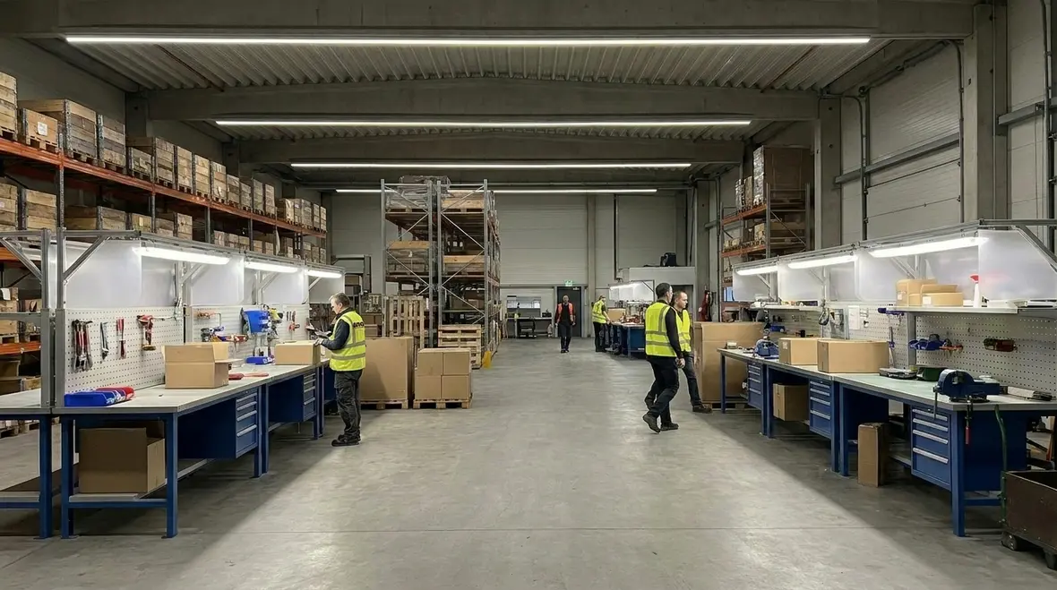 Evenly lit industrial aisle with reduced glare and shadow