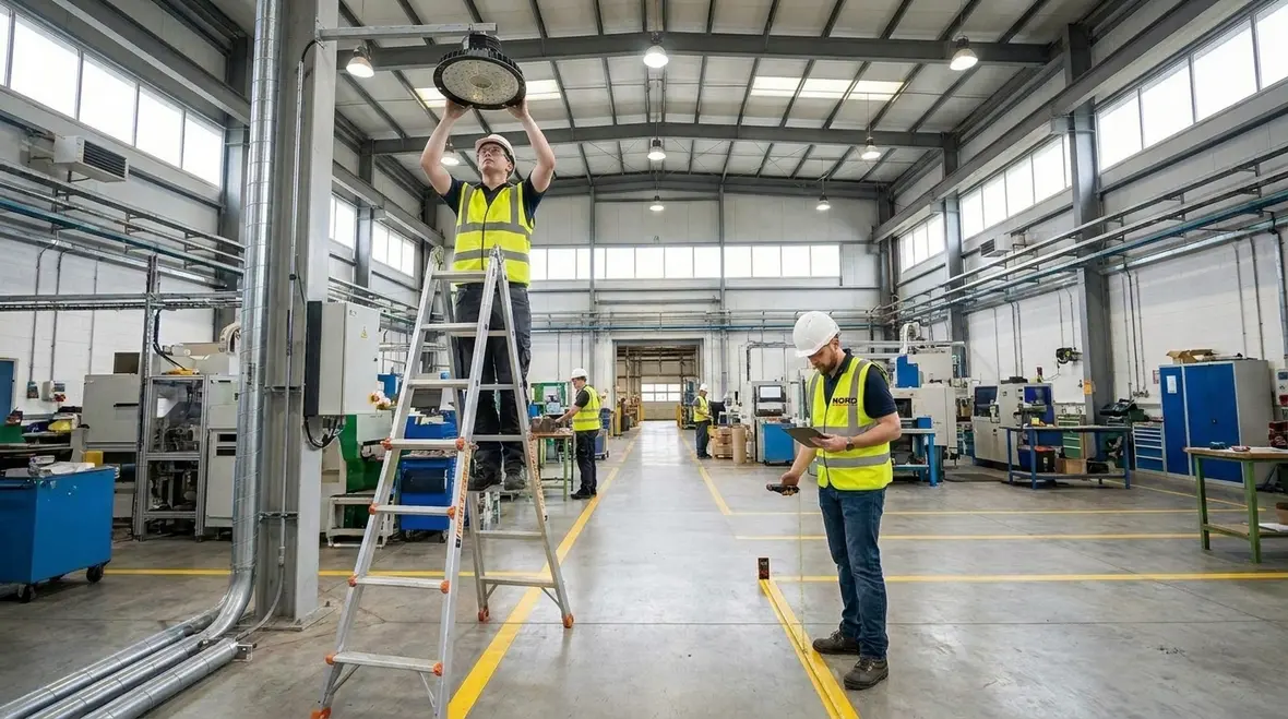 Technicians mapping an industrial work zone for lighting design