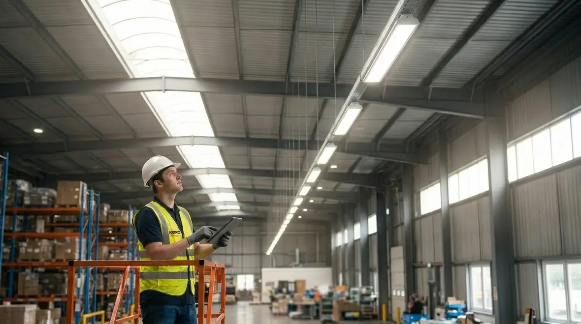 Technician performing industrial lighting maintenance plan inspection in a warehouse