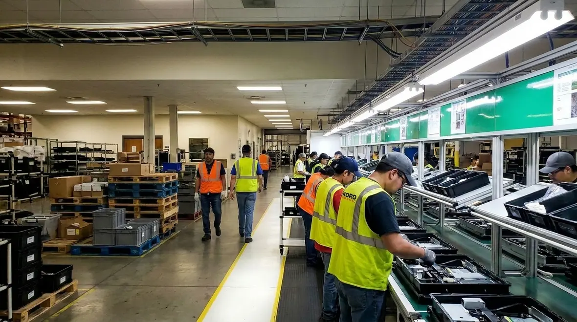Workers benefiting from strategic industrial lighting layout
