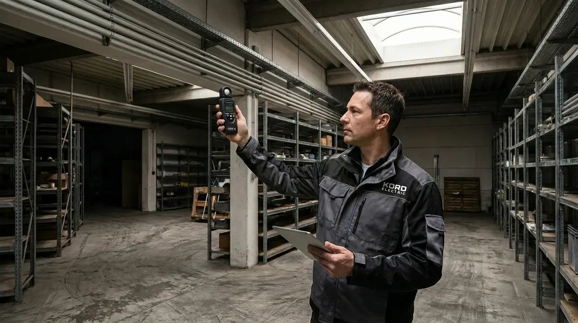 Technician reviewing smart lighting ROI calculations