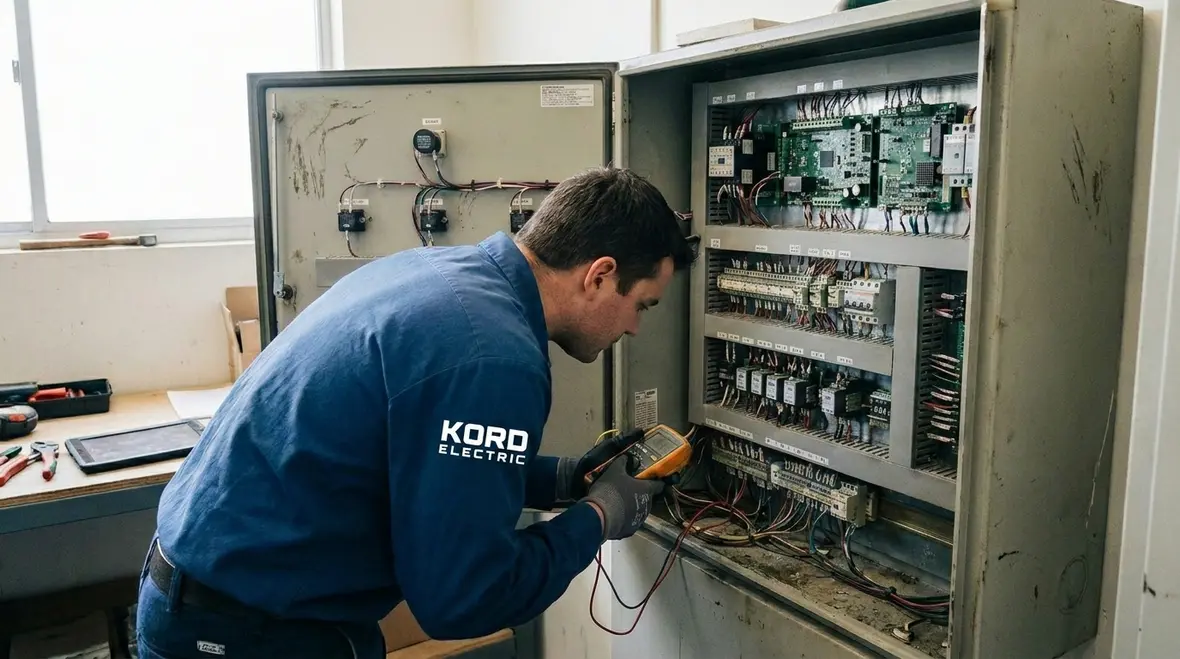 Maintenance team reviewing smart lighting reliability